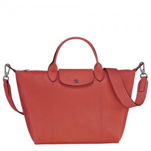 Longchamp Le Pliage Cuir Top handle bag M Terracotta | YZD-140678