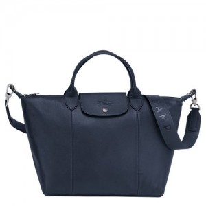 Longchamp Le Pliage Cuir Top handle bag M Navy | PNI-421973