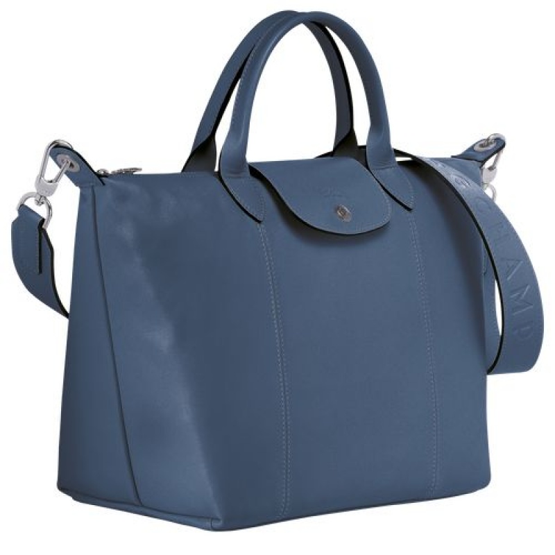 Longchamp Le Pliage Cuir Top handle bag M Pilot Blue | ADF-498725