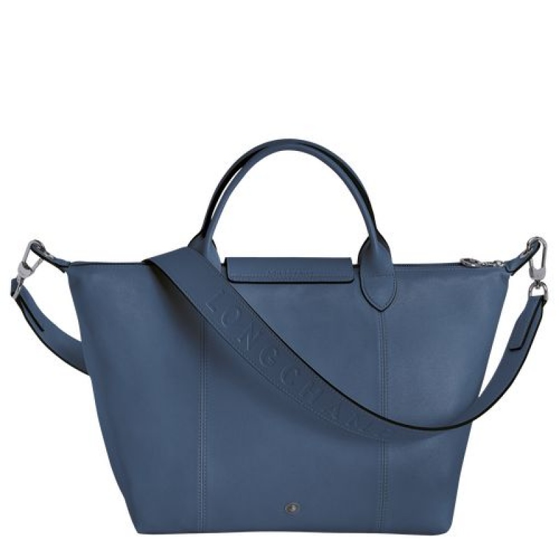 Longchamp Le Pliage Cuir Top handle bag M Pilot Blue | ADF-498725