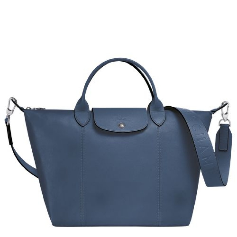 Longchamp Le Pliage Cuir Top handle bag M Pilot Blue | ADF-498725