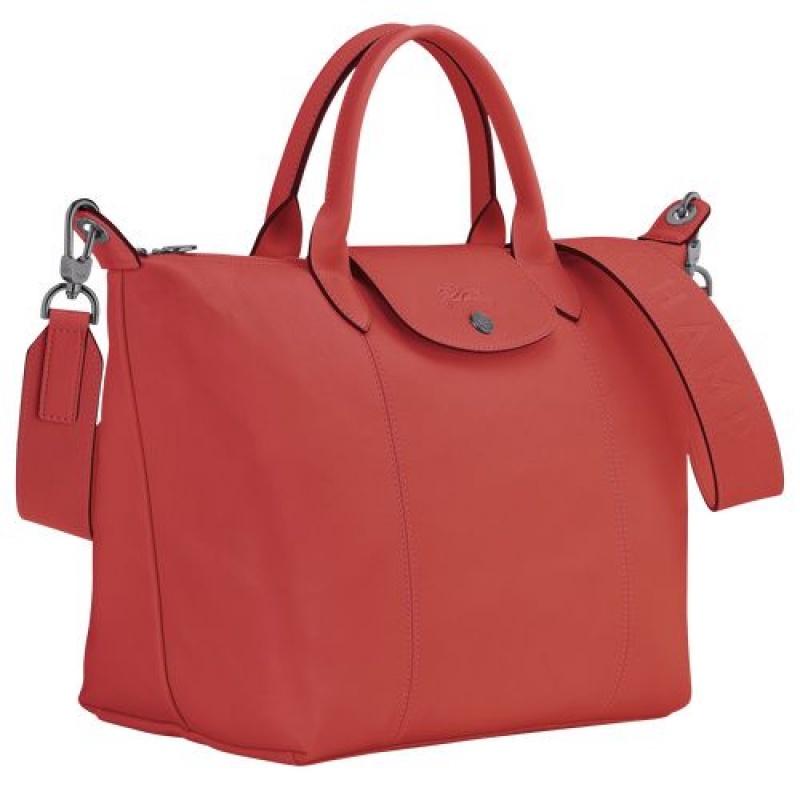 Longchamp Le Pliage Cuir Top handle bag M Terracotta | YZD-140678