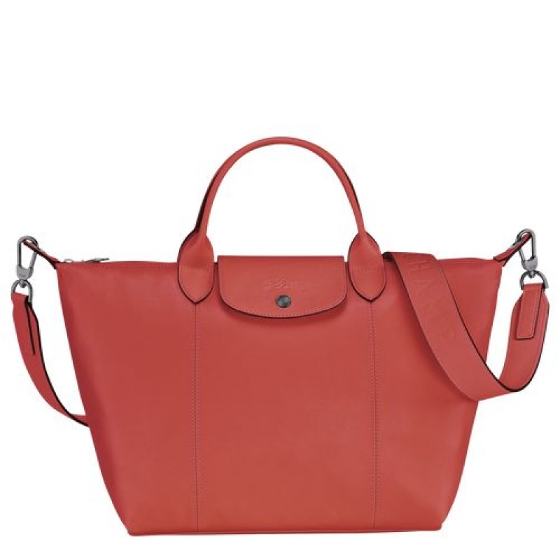 Longchamp Le Pliage Cuir Top handle bag M Terracotta | YZD-140678