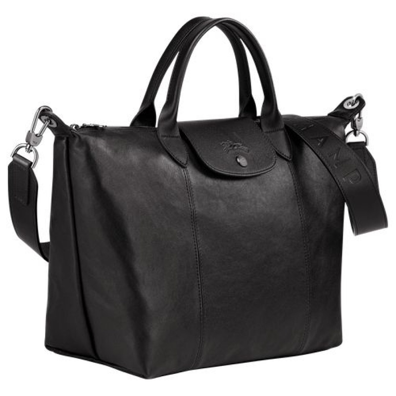 Longchamp Le Pliage Cuir Top handle bag M Black | PZT-495617