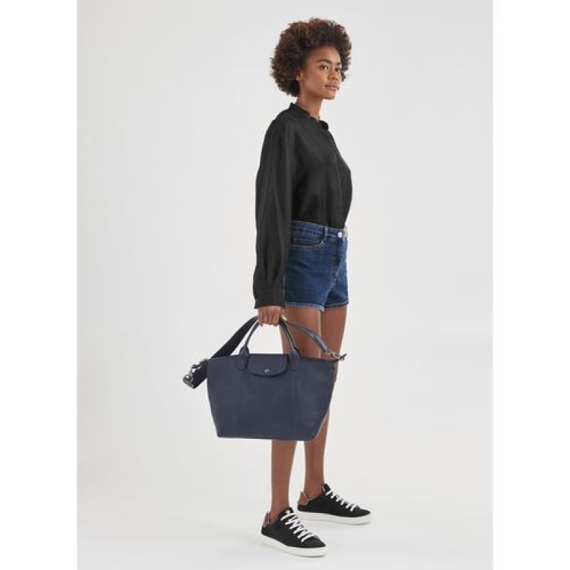 Longchamp Le Pliage Cuir Top handle bag M Navy | PNI-421973