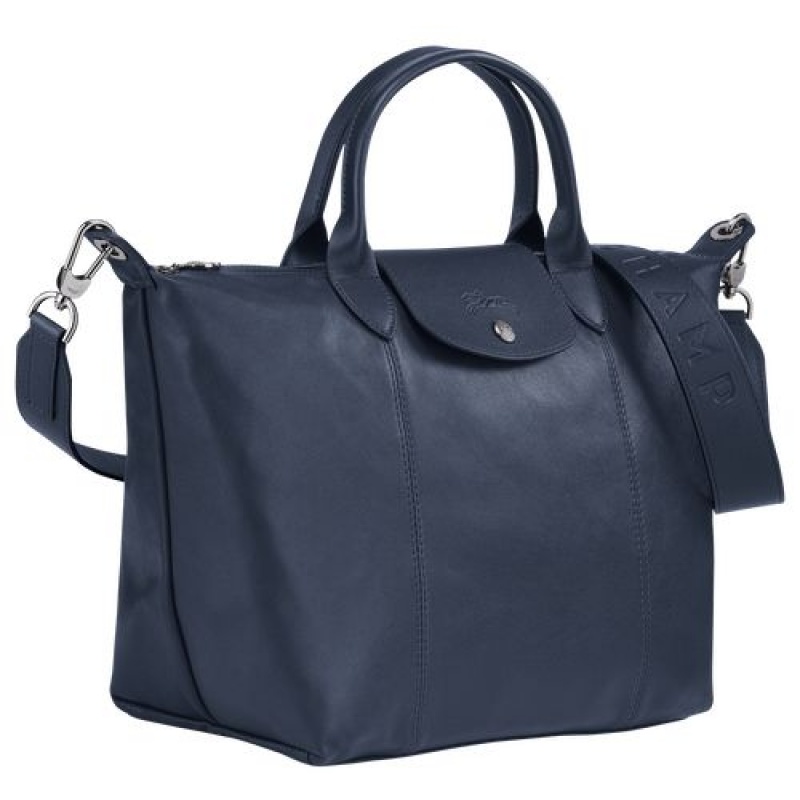 Longchamp Le Pliage Cuir Top handle bag M Navy | PNI-421973