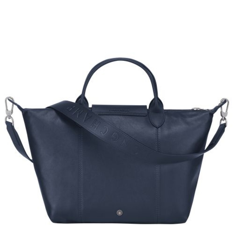 Longchamp Le Pliage Cuir Top handle bag M Navy | PNI-421973