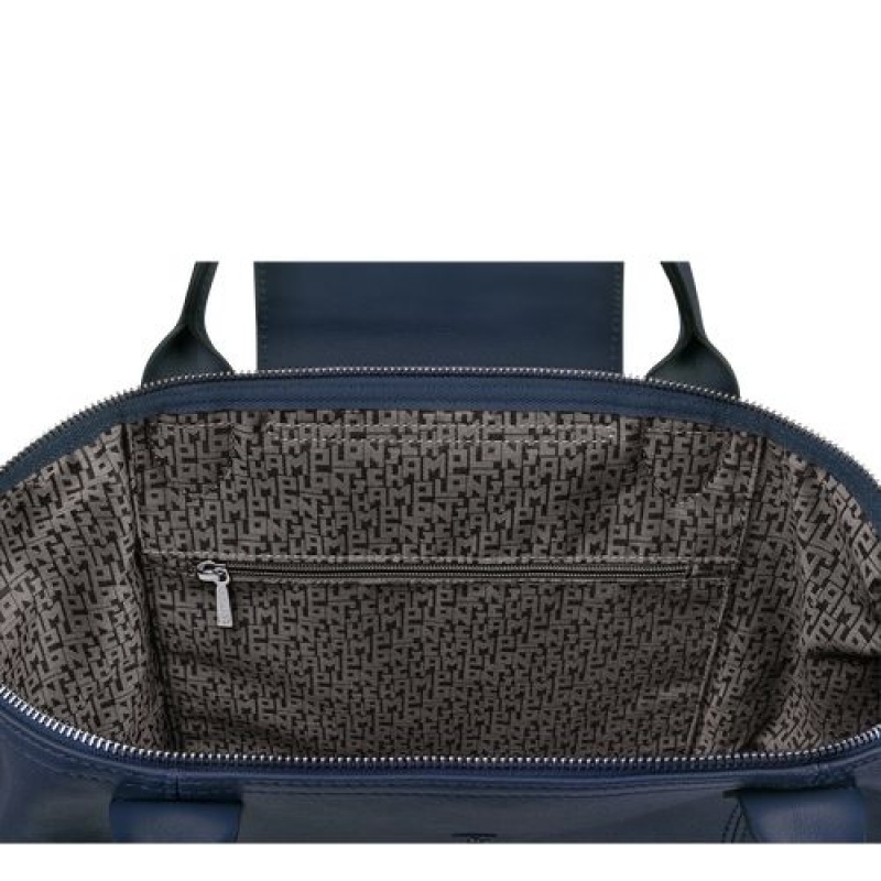 Longchamp Le Pliage Cuir Top handle bag M Navy | PNI-421973