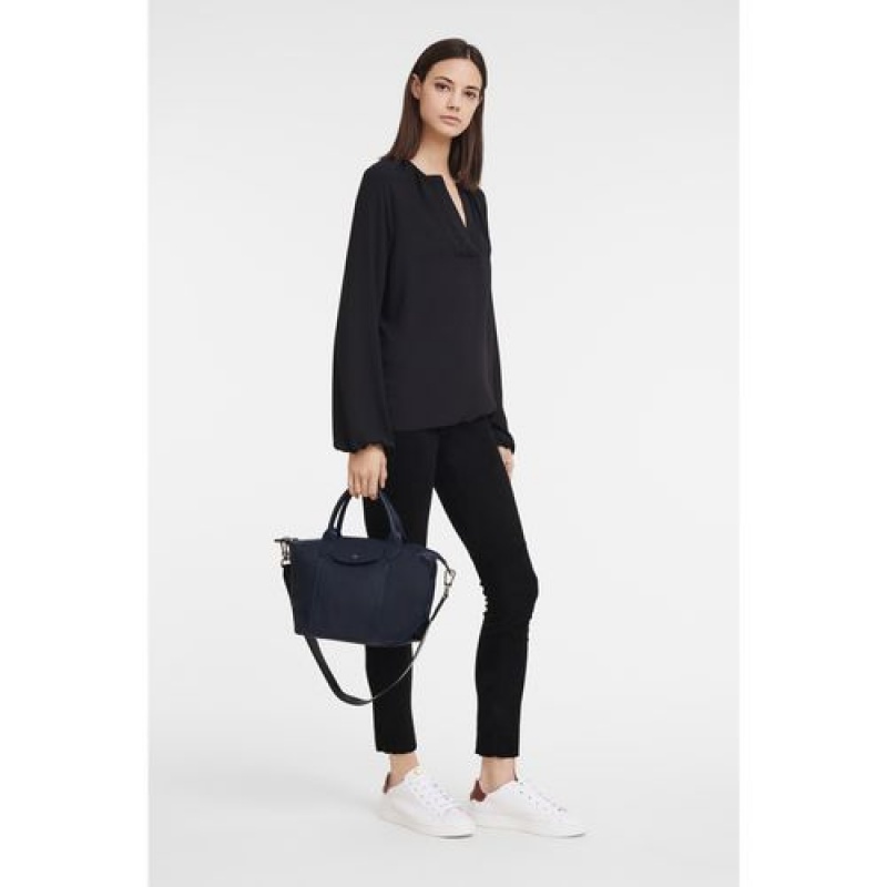 Longchamp Le Pliage Cuir Top handle bag S Navy | NMJ-160295