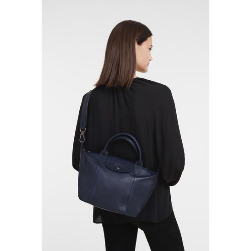 Longchamp Le Pliage Cuir Top handle bag S Navy | NMJ-160295