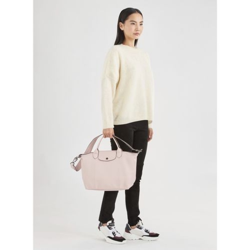 Longchamp Le Pliage Cuir Top handle bag M Pale Pink | NFV-407231