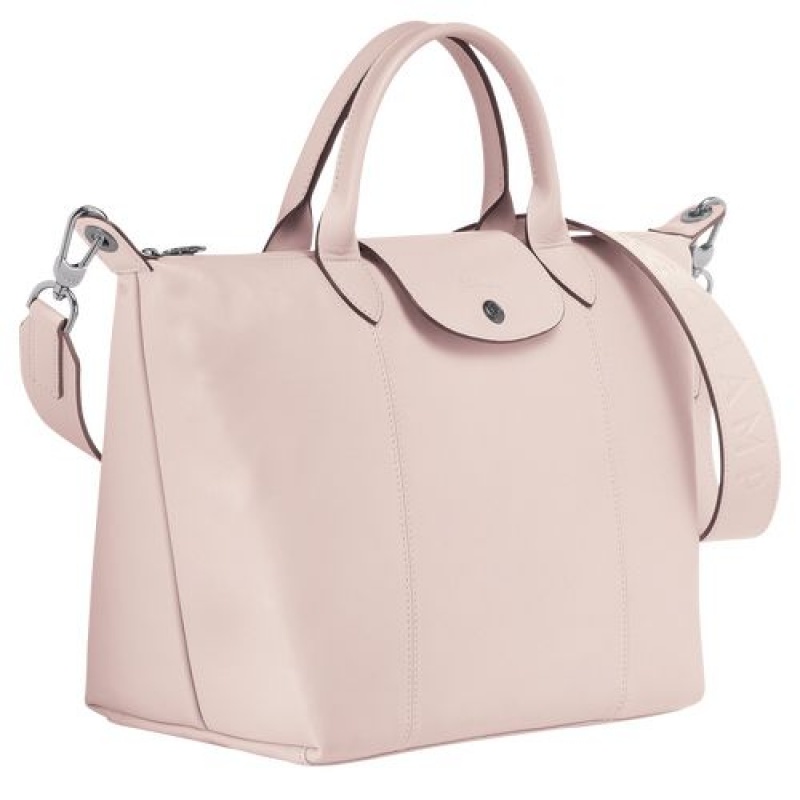 Longchamp Le Pliage Cuir Top handle bag M Pale Pink | NFV-407231