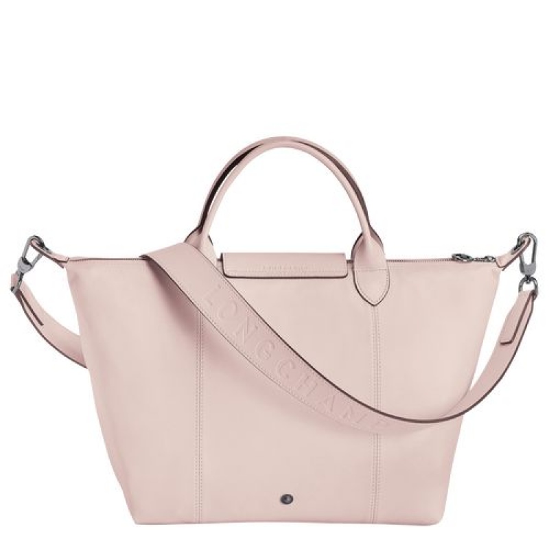 Longchamp Le Pliage Cuir Top handle bag M Pale Pink | NFV-407231