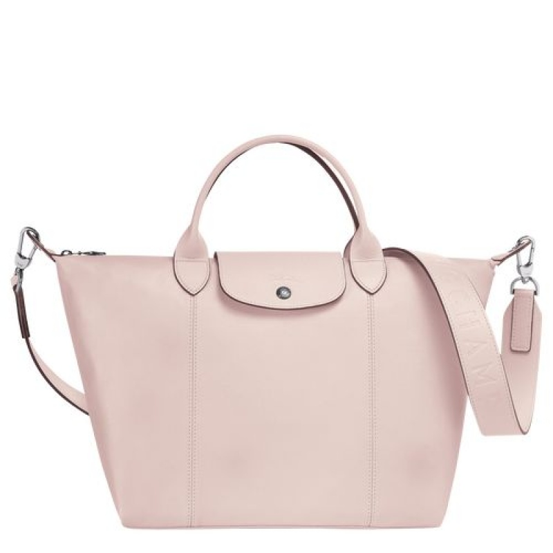 Longchamp Le Pliage Cuir Top handle bag M Pale Pink | NFV-407231