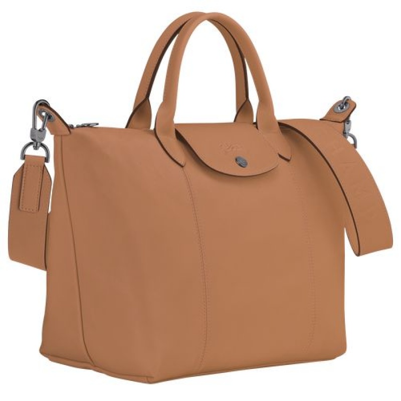 Longchamp Le Pliage Cuir Top handle bag M Hazelnut | MWN-589476